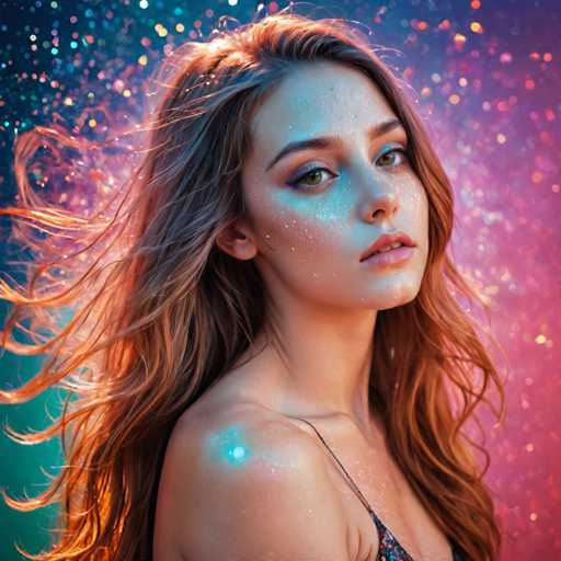 A young woman with long brown hair is the main subject of this image. She has her hair styled in loose waves and is wearing a black dress that contrasts with the vibrant colors around her. The background features a gradient of blue and purple hues, creating a dreamy atmosphere. The woman's gaze is directed straight at the camera, giving an engaging look to the viewer.