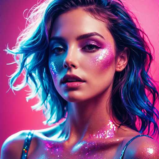 The image shows a close-up portrait of a woman with long dark hair and blue eyes. She is wearing a silver dress that has pink glitter on it. The background is a gradient of pink and purple colors, which complements the woman's attire.