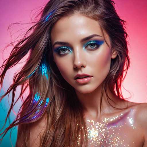 The image shows a young woman with long brown hair wearing blue and green glittery makeup on her face. The background is a gradient of pink and purple colors.