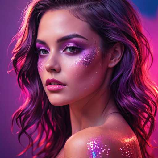 The image shows a close-up portrait of a woman with long hair and purple makeup on her face. The background is a gradient of pink and blue colors, creating a soft and dreamy atmosphere. The woman's eyes are looking directly at the camera, giving off an air of confidence and allure.