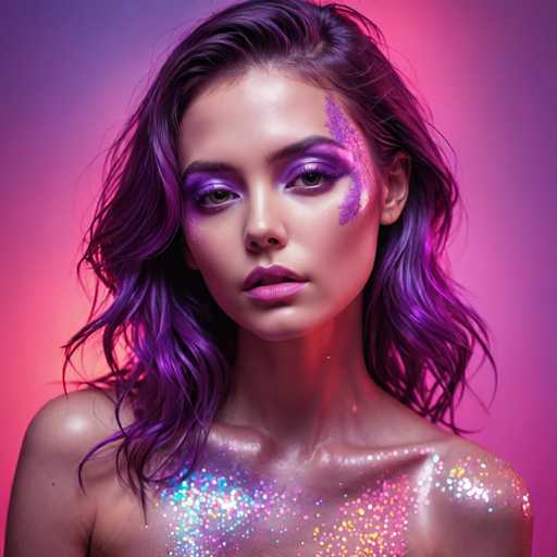 The image shows a close-up portrait of a woman with purple hair and glittery makeup on her face. The background is a gradient of pink and purple colors that complements the woman's appearance.