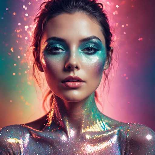 The image shows a close-up portrait of a woman with a unique and striking appearance. She is wearing a shimmering silver body paint that gives her an ethereal glow against the backdrop of a purple and blue gradient. The background is a blend of pink and green hues, adding to the overall effect of the scene. The woman's face is adorned with blue makeup, which complements the silver body paint on her skin. Her hair is styled in loose waves that fall over her shoulders, further enhancing the sense of movement and dynamism in the image.