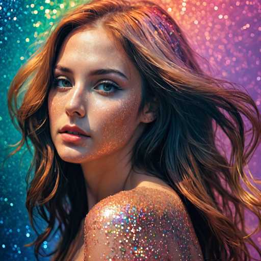 The image shows a young woman with long brown hair and red hair styled in loose waves. She is wearing a shimmering gold glittery makeup that covers her entire body, giving her an ethereal appearance. The background of the image is a gradient of colors, transitioning from blue at the top to purple at the bottom, creating a visually striking effect.