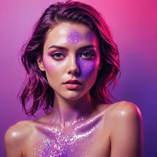 The image shows a close-up portrait of a woman with purple and pink glitter on her face and shoulders. The background is a gradient of purple and pink colors that complements the woman's appearance.