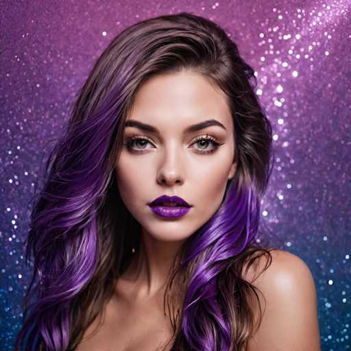 The image shows a close-up portrait of a woman with long brown hair styled in loose waves and purple highlights. The background is a gradient of blue and purple colors, creating a dreamy atmosphere. The woman's face is the main focus, with her eyes looking directly at the camera.