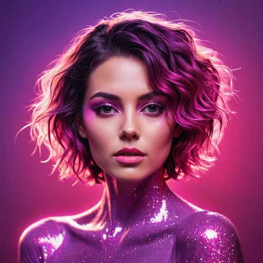 The image shows a close-up portrait of a woman with long dark hair styled in loose curls and wearing a purple glittery outfit that covers her entire body from head to toe. The background is a gradient of purple, which complements the woman's attire and enhances the overall visual appeal of the photo.