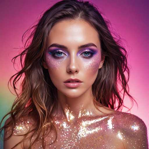 The image shows a young woman with long brown hair wearing a shimmering gold and pink glittery dress that covers her entire body from head to toe. Her face is adorned with purple and blue glittery makeup, giving her an ethereal appearance. The background of the image is a gradient of pink and purple colors, which complements the overall look of the woman's outfit and makeup.