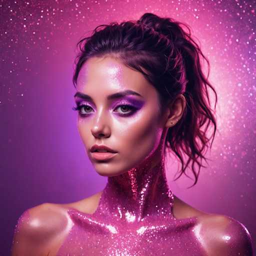 The image shows a close-up portrait of a woman with long dark hair styled into a ponytail and wearing a pink glittery body paint that covers her entire torso. The background is a gradient of purple and pink, creating a shimmering effect as if the lights are reflecting off it.