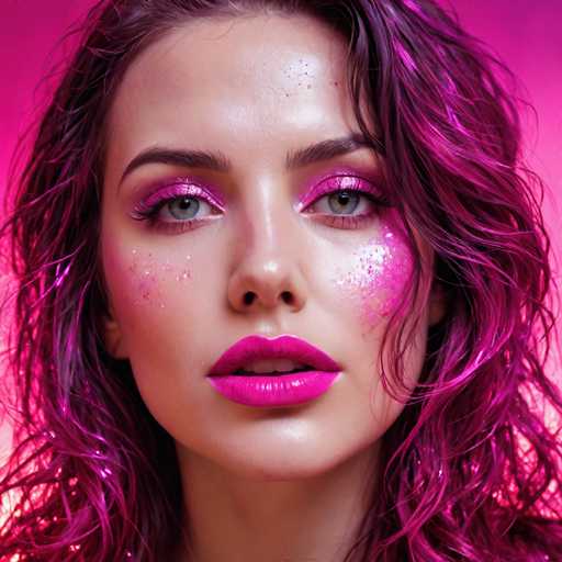 The image shows a close-up portrait of a woman with long, dark hair styled in loose curls. She is wearing pink glittery makeup and has green eyes that add a pop of color to her appearance. The background features a gradient of purple hues, which complements the overall look and adds depth to the image.