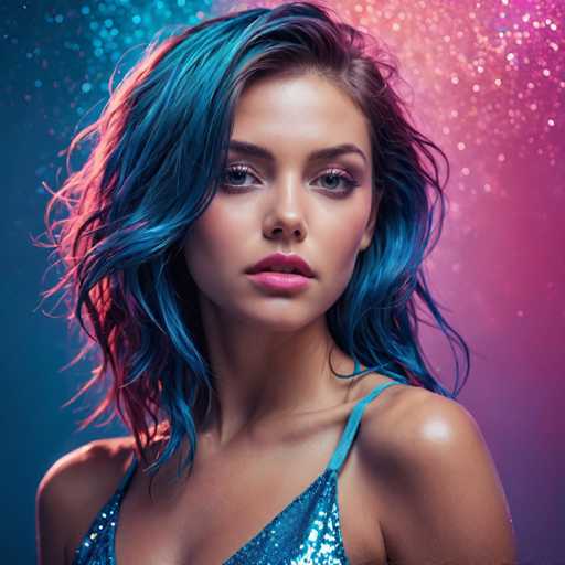 The image shows a close-up portrait of a woman with blue hair styled in loose waves. She is wearing a sparkly dress that catches the light and adds a touch of glamour to her appearance. The background features a gradient of colors transitioning from pink at the top to purple at the bottom, creating a visually striking effect.