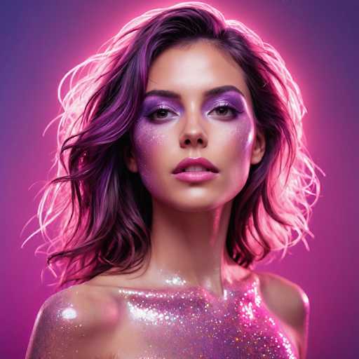The image shows a close-up portrait of a woman with long hair and purple makeup on her face. The background is a gradient of purple and pink colors that creates a soft glow around the subject's face.
