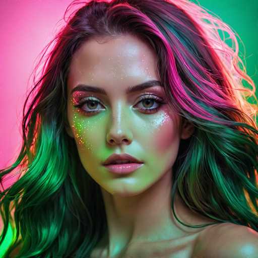 The image shows a close-up portrait of a woman with long hair styled in an updo and wearing makeup that includes green glitter on her eyes and cheeks. The background is a gradient of pink and green colors, which complements the overall color scheme of the image.