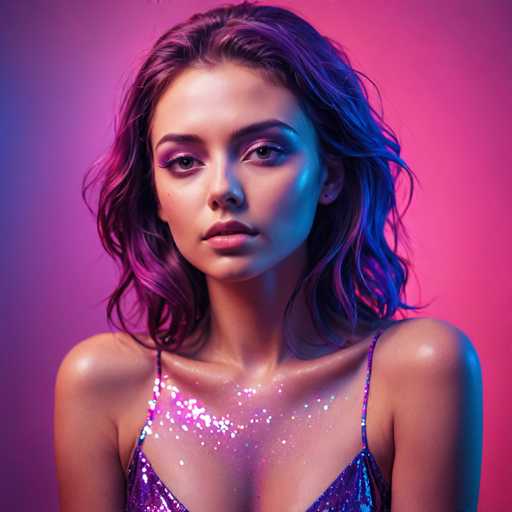 A young woman with long purple hair is the central focus of this image. She's wearing a sparkly dress that catches the light and adds a touch of glamour to her appearance. The background is a gradient of pink and blue colors, which complements the woman's hair color and enhances the overall visual appeal of the photo.