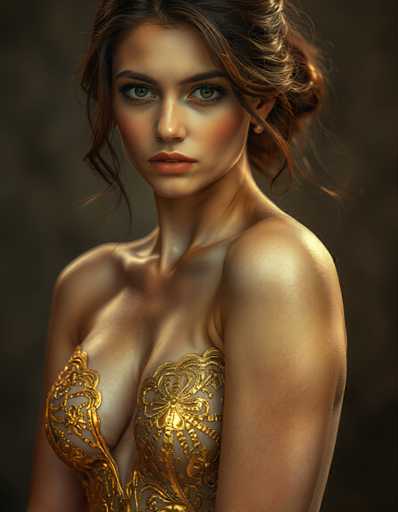 A woman with long brown hair and a gold dress is the main subject of this image. She has her back turned towards the camera, giving us a side profile view of her upper body. The background is dark gray, providing a stark contrast to the woman's golden attire. There are no other discernible objects or texts in the image.