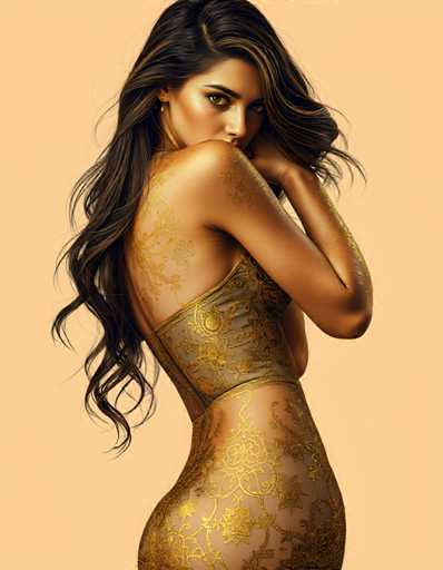 A woman with long brown hair is wearing a gold dress with a floral pattern and has her hands on her face. The background is a light peach color that contrasts with the woman's dark hair and the gold of her dress.