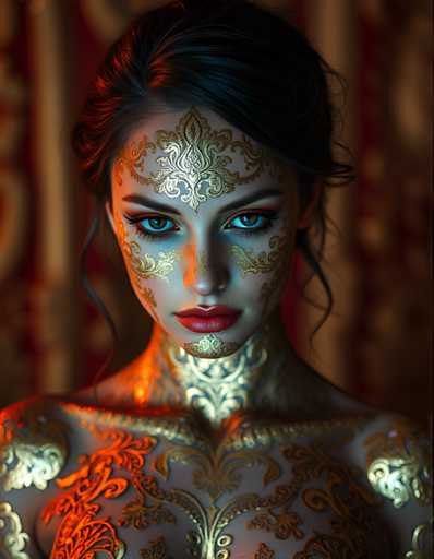 The image shows a close-up portrait of a woman with striking gold and red makeup on her face. The woman's eyes are blue, adding a unique touch to the overall look. She is positioned in front of a red curtain, which contrasts beautifully with her golden appearance. The background is dark, creating a dramatic effect that highlights the woman as the main subject of the image.