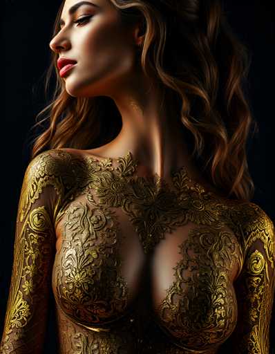 The image shows a woman with long brown hair and a gold-colored body art design on her chest area. The background is black, which contrasts with the woman's golden appearance.