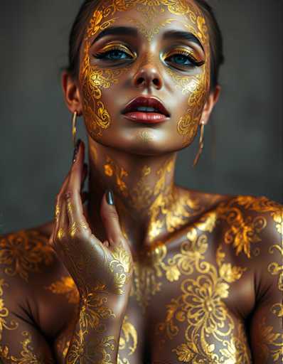 The image shows a close-up portrait of a woman with gold face paint and earrings. The woman's face is adorned with intricate gold designs that add an air of elegance to her appearance. She has dark hair styled in loose waves, complementing the overall look. The background is a simple gray color, which further accentuates the gold elements on the woman's face.