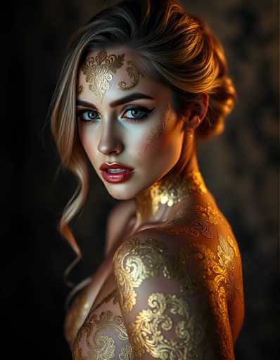 A woman with blonde hair and blue eyes is the central figure in this image. She has a gold-colored design on her neckline that adds an element of elegance and sophistication to her appearance. The background features a dark brown color, which contrasts nicely with the woman's golden necklace.