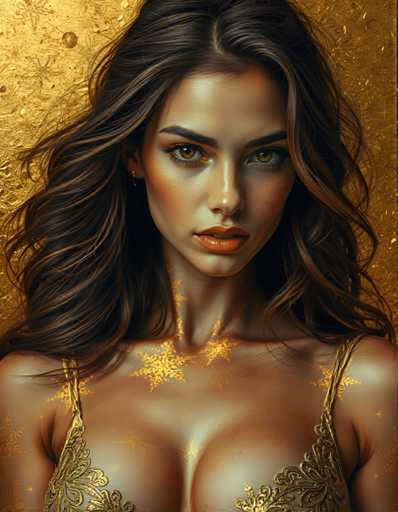 The image shows a close-up portrait of a woman with long brown hair and striking green eyes. She is wearing a gold dress that has a star design on it, adding an element of glamour to her appearance. The background features a gold wall, which complements the overall aesthetic of the image.