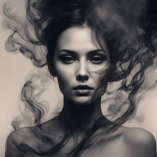 The image is a black and white portrait of a woman with long hair. The background is a gradient of light and dark colors that creates an ethereal effect around the woman's face. The smoke coming from her hair adds to the dramatic atmosphere of the photo.