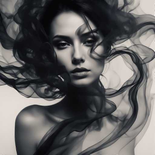 The image shows a close-up portrait of a woman with long dark hair and a black dress. The background is blurred, creating an ethereal effect that emphasizes the subject's features. The woman has her eyes closed, adding to the overall mysterious atmosphere of the scene.