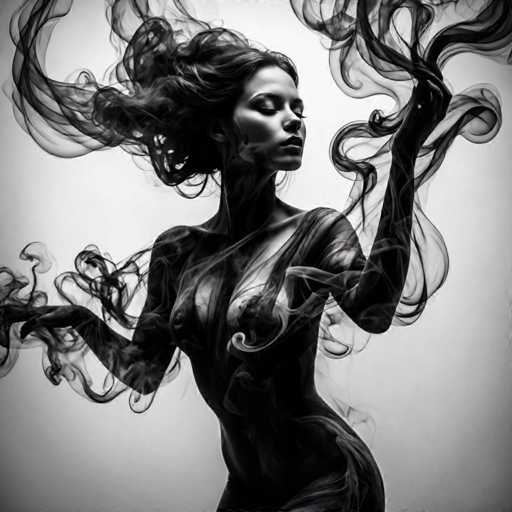 The image is a black and white portrait of a woman with long hair. She is wearing a dress that falls down to her knees, and the smoke coming from her body creates an ethereal effect around her. The background is plain white, which contrasts with the dark tones of the woman's figure and the smoke.