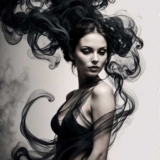 A woman with long dark hair is captured in a moment of quiet contemplation against the backdrop of a black and white image. Her gaze is directed off to the side, her body language suggesting a sense of introspection or deep thought. The background is shrouded in smoke, adding an air of mystery and intrigue to the scene.