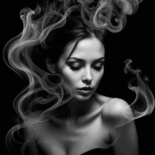 The image is a black and white photograph featuring a woman with her hair styled in an updo, wearing minimal makeup. The background of the photo is shrouded in smoke, creating an ethereal atmosphere around the subject.