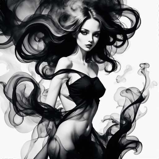 The image depicts a woman with long dark hair and a black dress, standing against a stark white background that is filled with smoke. The smoke swirls around her, creating an ethereal effect as it envelops the woman's figure.