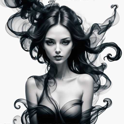The image is a black and white portrait of a woman with long hair. She has her shoulders back and her gaze directed straight at the camera. The background features a swirl pattern that adds depth to the composition.