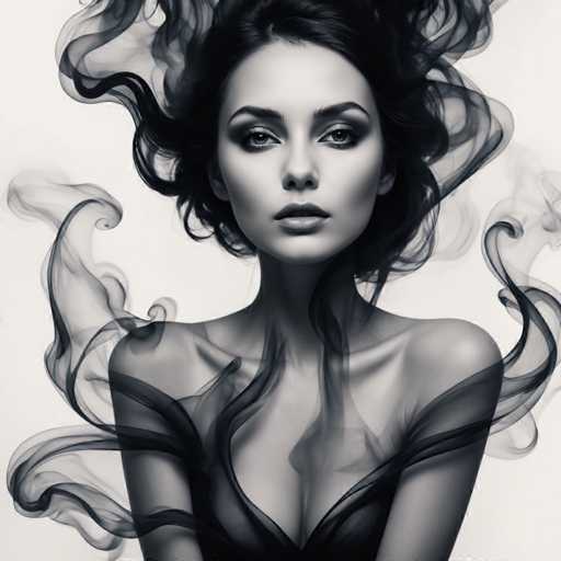 A woman with long dark hair is captured in a black and white portrait style photograph. She has her arms crossed over her chest, creating an elegant pose against the stark white background. The smokey effect surrounding her adds a sense of mystery to the image.