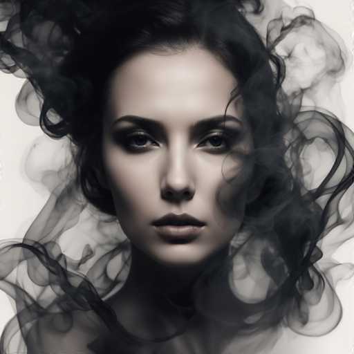 The image shows a close-up portrait of a woman with dark hair and eyes. The background is black and white, creating an ethereal atmosphere around the subject. The smoke coming from her face adds to the mysterious and dreamlike quality of the scene.