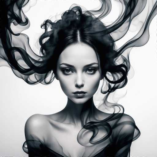 The image is a black and white portrait of a woman with long hair styled in an elegant updo. The woman's face is the focal point, and her eyes are looking directly at the camera. The background is plain white, which contrasts with the dark tones of the woman's hair and makeup.