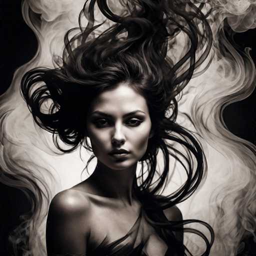 A woman with long dark hair is captured in a striking black and white portrait against the backdrop of smoke. The smoke swirls around her head, creating an ethereal effect that adds depth to the image. She stands alone, facing the camera directly, giving us a clear view of her face and upper body.