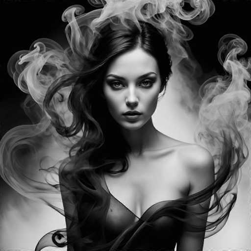 The image is a black and white portrait of a woman with long hair. She is wearing a dress that falls down to her knees. The background features smoke coming from the top left corner, creating an ethereal atmosphere around the subject.