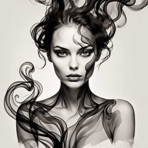 The image is a black and white portrait of a woman with long hair that flows down her back. The woman's face is the focal point of the image, which is captured from a side angle. Her eyes are looking directly at the camera, creating an engaging connection between the viewer and the subject. The background is plain white, allowing the woman to stand out as the main subject in the image.