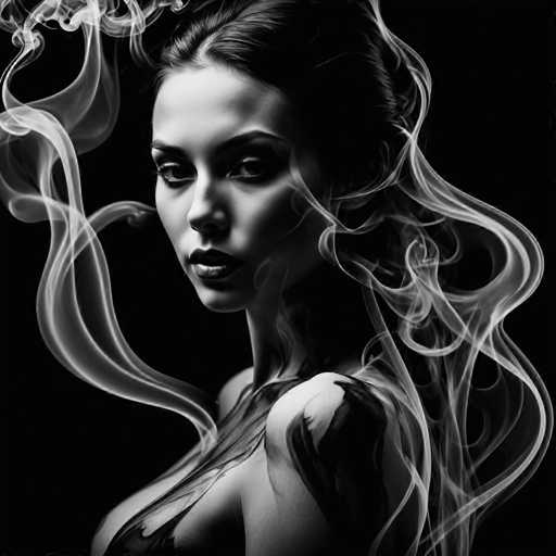 The image is a black and white portrait of a woman with long hair. The smoke coming from her mouth creates an ethereal effect that adds depth to the scene. She has dark skin tones, which contrast sharply against the stark background. Her gaze is directed straight at the camera, creating a sense of connection between the subject and the viewer.