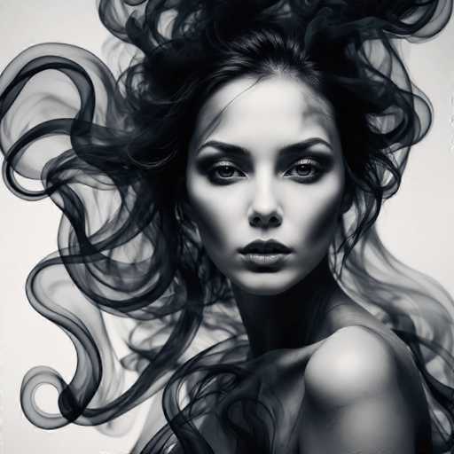 The image is a black and white portrait of a woman with long hair styled in an elegant updo that creates a dramatic effect against the stark white background. The woman's face is the focal point, and her eyes are looking directly at the camera, creating a sense of connection between the viewer and the subject.