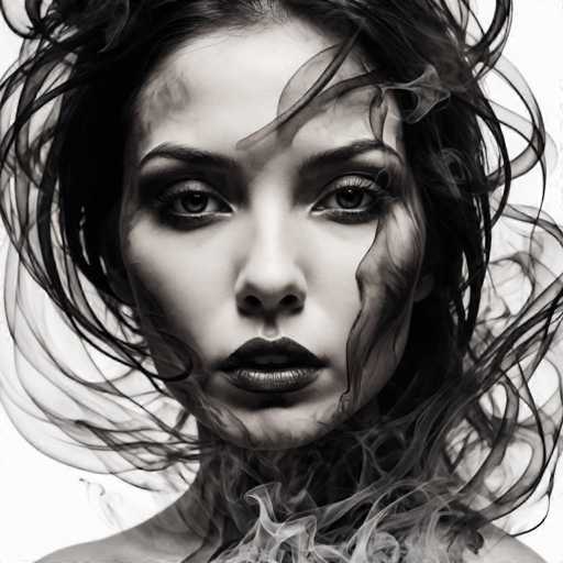 The image is a black and white portrait of a woman with long hair styled in an elegant updo. The smokey effect surrounding her head adds a dramatic touch to the composition.