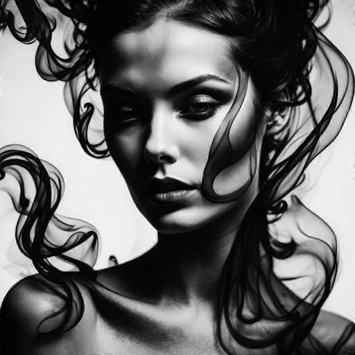 A woman with long dark hair is captured in a striking black and white portrait. Her gaze is directed straight at the camera, creating an intimate connection between her and the viewer. The background is intentionally blurred out to draw focus on the subject of the image.