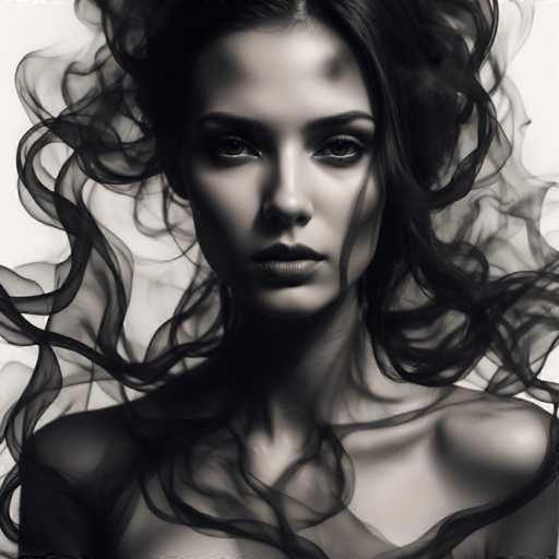 The image is a black and white portrait of a woman with long hair. The background is blurred, drawing focus to the subject's face. The woman has dark hair that cascades down her shoulders, adding depth to the composition. She is looking directly at the camera, creating an engaging visual connection between the viewer and the subject.