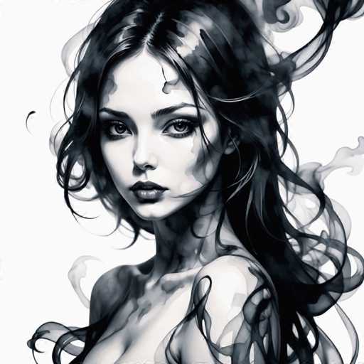 The image is a black and white portrait of a woman with long hair. The woman's face is the main focus, and she has dark eyes that add depth to her expression. Her hair flows down in loose waves around her shoulders, creating an ethereal effect against the stark background.