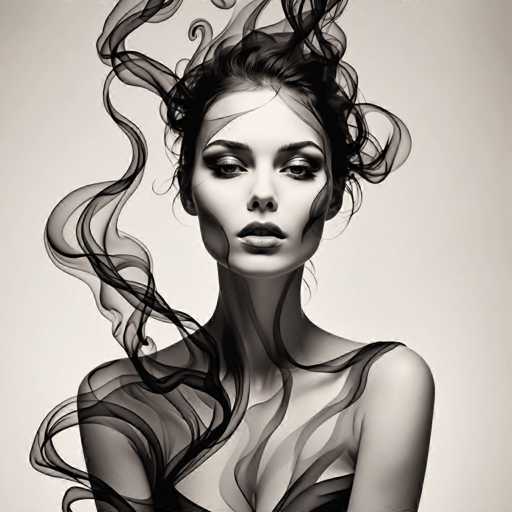 The image is a black and white portrait of a woman with long hair styled in an elegant updo that flows down her back. The background is plain white, which contrasts with the dark hair and emphasizes the subject's features.