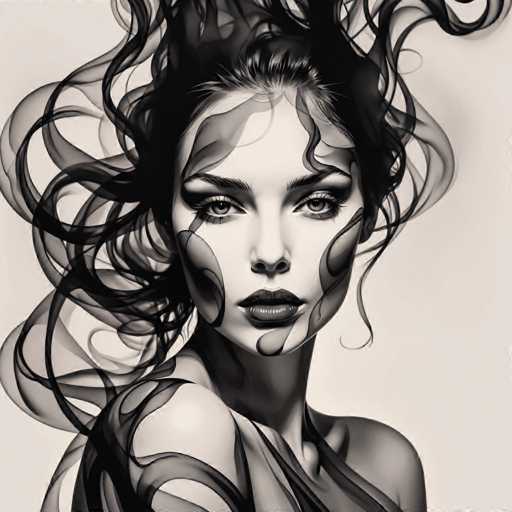 The image is a black and white portrait of a woman with long hair styled in an elegant updo. The woman's face is the focal point, and her eyes are looking directly at the camera. The background is blurred, drawing attention to the subject.
