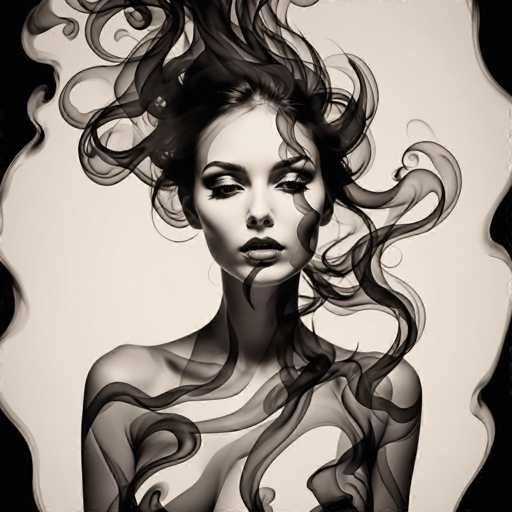 The image is a black and white portrait of a woman with long hair styled in an elegant updo that creates a dramatic smokey effect around her face. The background is blurred, drawing focus to the subject's features and hairstyle.