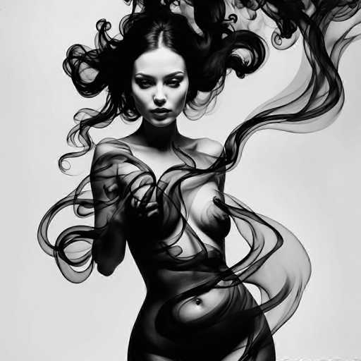A woman with long dark hair is captured in a black and white photograph. She stands against a stark white background, her body partially obscured by the smoke that billows out from behind her. The smoke trails down to meet her head at an angle, creating a sense of movement and dynamism.