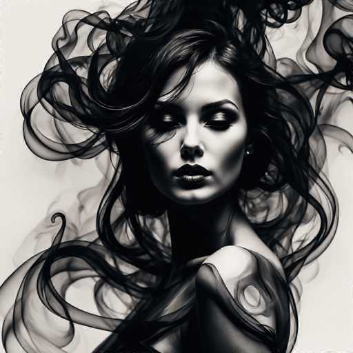 The image is a black and white portrait of a woman with long hair. The background features a swirling pattern that adds an artistic touch to the composition. The woman's face is the main focus, with her eyes closed in a serene expression.