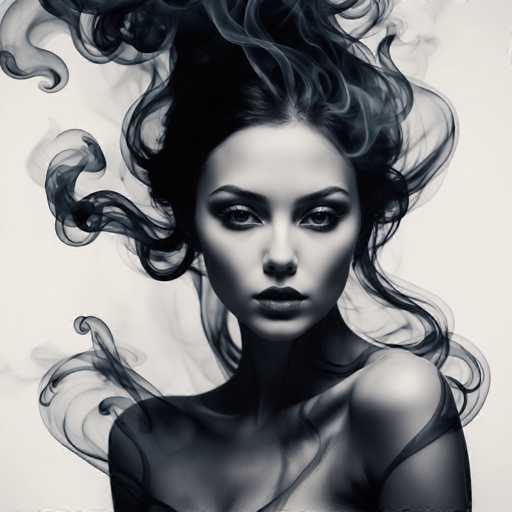The image is a black and white portrait of a woman with long hair styled in an elegant updo. The woman's face is the main focus, with her eyes looking directly at the camera. The background features a blurred effect that creates a sense of movement or motion, adding depth to the composition.