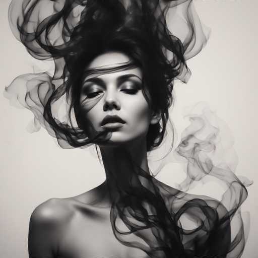 The image is a black and white portrait of a woman with long hair flowing down her back. The background is plain white, which contrasts with the dark hair and emphasizes the subject's features. The woman appears to be in motion, as evidenced by the smoke coming out of her mouth.